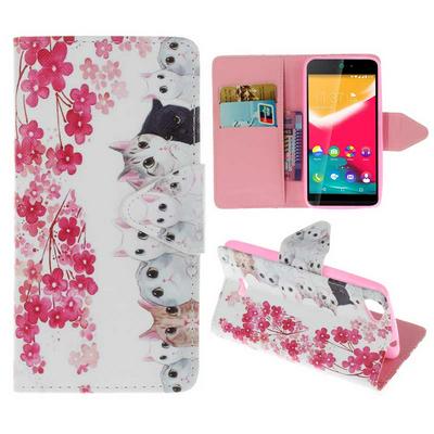 Wallet Style PU Leather + Soft TPU Card Holder with Stand and Magnetic Buckle Case for Wiko Rainbow Jam - Cats