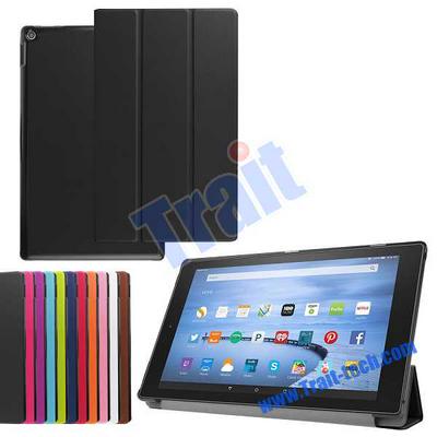 Tri-Fold Stand Flip Ultra Slim Lightweight Smart Cover PU Leather Case Hard Back for Amazon Fire HD 10 Black