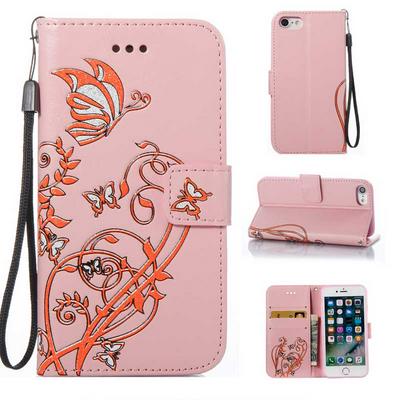 Embossed Vine Pattern PU Leather + TPU Cover Case with Wrist Strap Wallet Stand Support and Card Holder for iPhone 7 - Pink