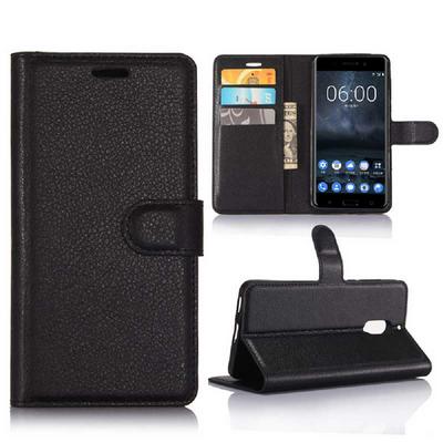 Lichee Pattern Wallet Style PU Leather + Soft TPU Card Holder with Stand and Magnetic Buckle Case for Nokia 6 - Black