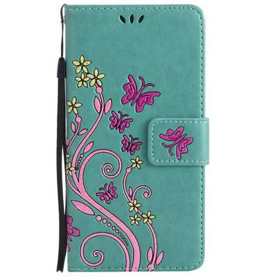 Embossed Butterflies Pattern Glitter Powder Side Flip PU Leather + Soft TPU Hand Rope with Card Slots and Magnetic Buckle Wallet Protective Case for Huawei Ascend P9 Lite / G9 Lite - Mint Green