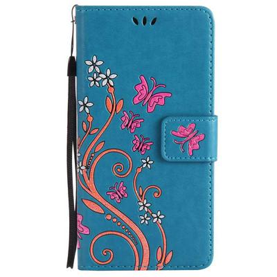 Embossed Butterflies Pattern Glitter Powder Side Flip PU Leather + Soft TPU Hand Rope with Card Slots and Magnetic Buckle Wallet Protective Case for Huawei Ascend P9 Lite / G9 Lite - Blue