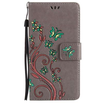 Embossed Butterflies Pattern Glitter Powder Side Flip PU Leather + Soft TPU Hand Rope with Card Slots and Magnetic Buckle Wallet Protective Case for Huawei Ascend P9 Lite / G9 Lite - Grey