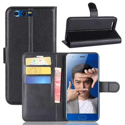 Lichee Pattern Side Flip Wallet Style PU Leather + Soft TPU Card Holder with Stand and Magnetic Buckle Case for Huawei Honor 9 - Black