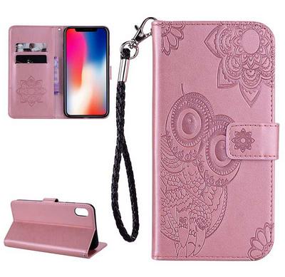 Embossed Owl Pattern Anti-Scratch Shockproof PU Leather + Soft TPU Magnetic Buckle with Wrist Strap Card Slots and Stand Wallet Protective Case for iPhone XR 6.1 - Rose Gold