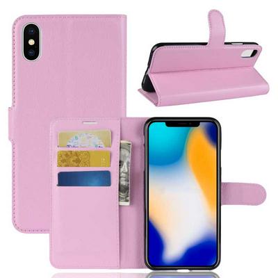 Litchi Pattern Wallet Stand Card Holder Slots PU Leather + TPU Protective Cover Case for iPhone Xs Max 6.5 - Pink