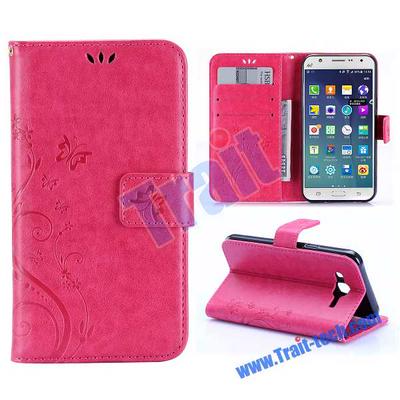 Butterfly Vine Flower Wallet Card Slots Flip Stand TPU+ PU Leather Case for Samsung Galaxy J5 - Red