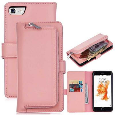 2 in 1 Wallet Style Magnetic Flip Zipper Pouch Card Slots TPU + PU Leather Case for iPhone 7 - Pink