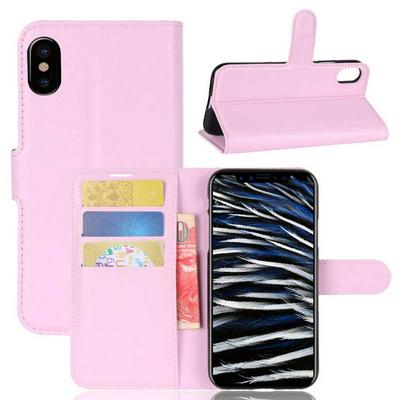 Litchi Pattern Side Flip PU Leather + Soft TPU Card Slots with Stand and Magnetic Buckle Case for iPhone X - Pink