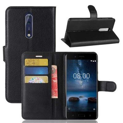 Lichee Pattern Solid Color Side Flip PU Leather + Soft TPU Card Slots with Stand and Magnetic Buckle Wallet Case for Nokia 8 - Black