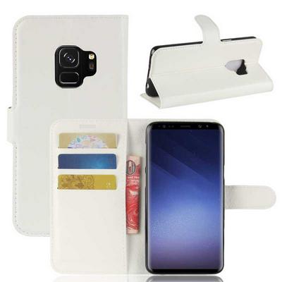 Lichee Pattern PU Leather + Soft TPU Card Holder with Adjustable Stand Support Wallet and Magnetic Buckle Case for Samsung Galaxy S9 - White