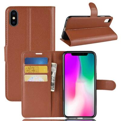 Litchi Pattern Wallet Stand Card Holder Slots PU Leather + TPU Protective Cover Case for iPhone XR 6.1 - Brown