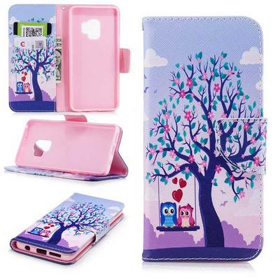 Colored Painting Card Holder Slots Wallet Style with Magnetic Buckle PU Leather + Soft TPU Case for Samsung Galaxy S9 - Tree