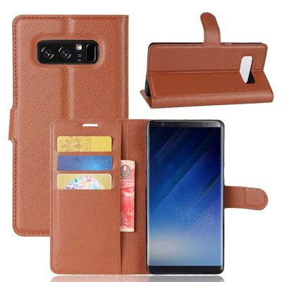 Lichee Pattern Side Flip Wallet Style PU Leather + Soft TPU Card Holder with Stand and Magnetic Buckle Case for Samsung Galaxy Note 8 - Brown