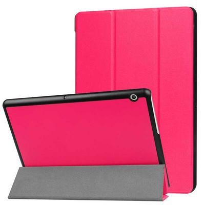 Tri-Fold Foldable Solid Color Side Flip PU Leather + Hard PC with Stand Case for Huawei MediaPad T3 10 - Rose Red