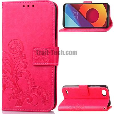 Lucky Clover with Wrist Strap PU Leather + Soft TPU Rotate Card Holder with Stand Support Wallet and Magnetic Buckle Case for LG Q6 / Q6 Plus - Rose Red