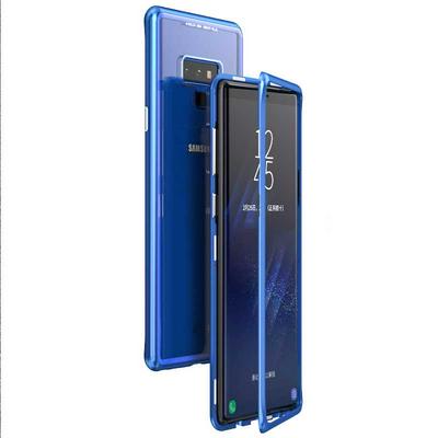 360 Degree Full Coverage Magnetic Adsorption Metal Frame + Transparent Tempered Glass Back Hybrid Back Cover Protective Case for Samsung Galaxy Note 9 - Blue