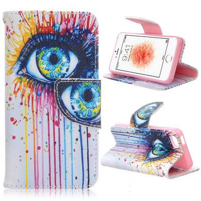 Colorful Painting Wallet Style Magnetic Flip Stand TPU+ PU Leather Case for iPhone SE iPhone 5 iPhone 5S - Watercolor Eye