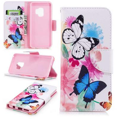 Colored Painting Card Holder Slots Wallet Style with Magnetic Buckle PU Leather + Soft TPU Case for Samsung Galaxy S9 - Butterfly
