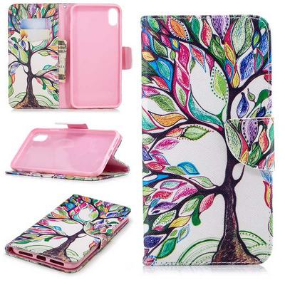 Colored Painting Card Holder Slots Wallet Style with Magnetic Buckle PU Leather + Soft TPU Case for iPhone Xs Max 6.5 - Tree