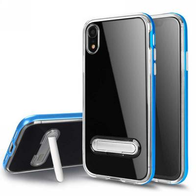 Bumblebee Double Layer Transparent Soft TPU + Hard PC Bumper Frame Hybrid with Kickstand Back Cover Protective Case for iPhone XR 6.1 - Blue