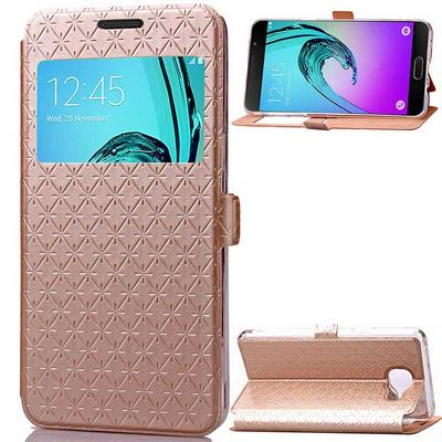 Rhombus Pattern View Window Card Slot Stand TPU+PU Leather Case for Samsung Galaxy A3 (2016)/ A310 - Gold