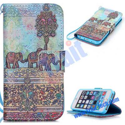 Cross Pattern Wallet Style Magnetic Flip Stand TPU+ PU Leather Case for iPhone 5S 5 with a Strap - Tribal Elephants