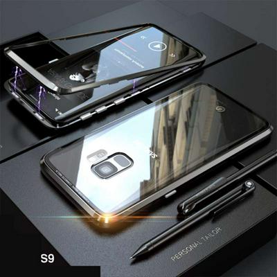 Detachable Magnetic Aluminium + Transparent Glass Hybrid Back Cover Case for Samsung Galaxy S9 - Black
