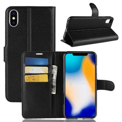 Litchi Pattern Wallet Stand Card Holder Slots PU Leather + TPU Protective Cover Case for iPhone Xs Max 6.5 - Black
