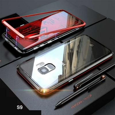 Detachable Magnetic Aluminium + Transparent Glass Hybrid Back Cover Case for Samsung Galaxy S9 - Black Red