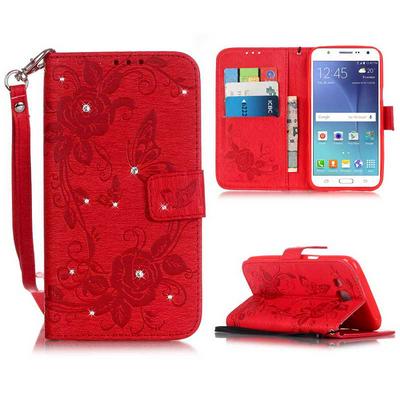 Embossed Pattern Diamond Studded Wrist Strap TPU+ PU Leather Case for Samsung Galaxy J5 - Red
