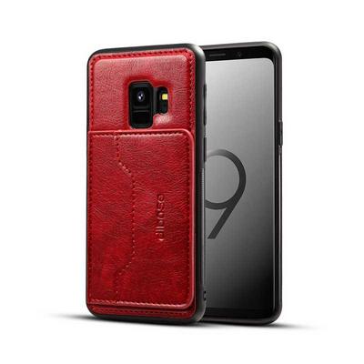PU Leather Coated with Stand Car Support and Card Holder TPU Black Cover Case fo Samsung Galaxy S9 - Red