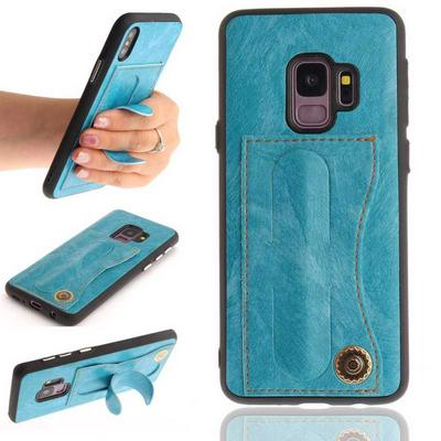 Creative with Card Slot and Hidden Kickstand Hard PC + Soft TPU Leather Coated Back Cover Protective Case for Samsung Galaxy S9 - Blue