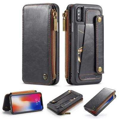 Side Flip PU Leather + Detachable TPU with Viewing Stand Card Slots Wallet Zipper Pocket Protective Case for iPhone Xs 5.8 - Black