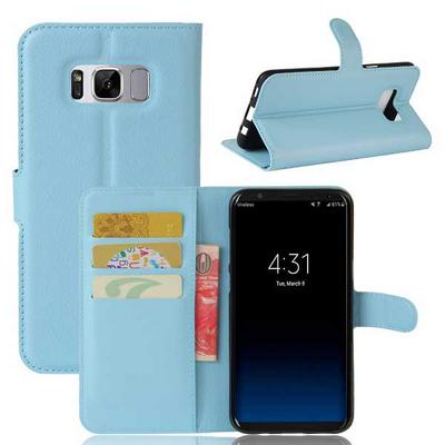 Lichee Pattern Side Flip Wallet Style PU Leather + Soft TPU Card Holder with Stand and Magnetic Buckle Case for Samsung Galaxy S8 / G9500 - Blue