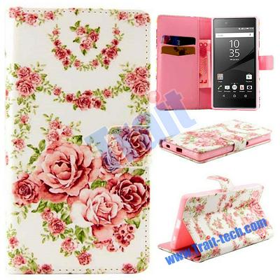 Relief Wallet Style Magnetic Flip Stand TPU+ PU Leather Case for Sony Xperia Z5 E6603 E6653 - Romantic Roses