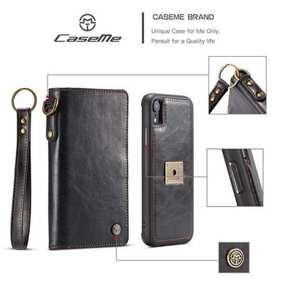 CaseMe Qin Series Wrist Strap Wallet Style Magnetic Buckle Card Slots Holder Picture Frame Detachable PC + PU Leather Cover Case for iPhone XR 6.1 - Black