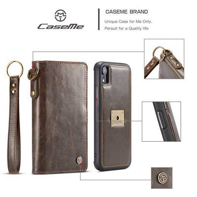 CaseMe Qin Series Wrist Strap Wallet Style Magnetic Buckle Card Slots Holder Picture Frame Detachable PC + PU Leather Cover Case for iPhone XR 6.1 - Coffee