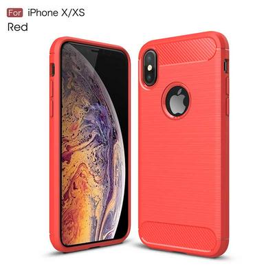 Brushed Carbon Fiber Shockproof Non-Slip Anti-Scratch Soft TPU Back Cover Protective Case for iPhone X / XS - Red