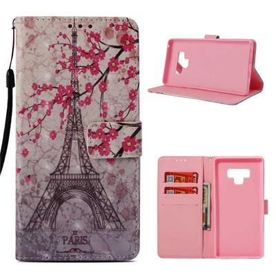 3D Color Painted Side Flip PU Leather + Soft TPU Card Slot with Magnetic Buckle Wrist Strap and Stand Wallet Protective Case for Samsung Galaxy Note 9 - Tower and Flower Tree