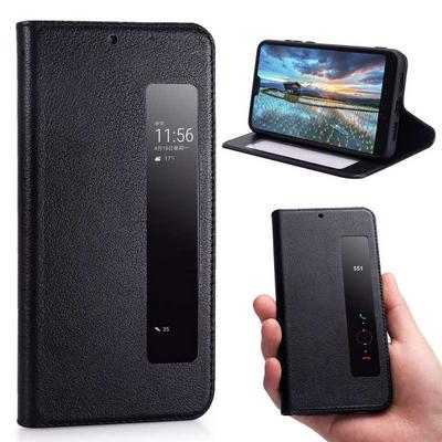 Yak Pattern Solid Color Cowhide Genuine Leather + Soft TPU with Sliding Window Smart Wake Sleep and Stand Case for Huawei P20 - Black