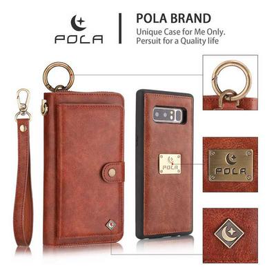 Pola for Car Holder with Zipper Wallet Detachable PU Leather + PC Key Ring Strap with Picture Frame and Card Slots Protective Case for Samsung Galaxy Note 8 - Brown