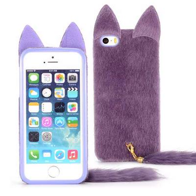 Cute Cartoon Cat Design Furry Fur Coated Case for iPhone 5 5S SE with a Tail (Purple)