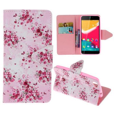 Wallet Style PU Leather + Soft TPU Card Holder with Stand and Magnetic Buckle Case for Wiko Rainbow Jam - Red Flowers