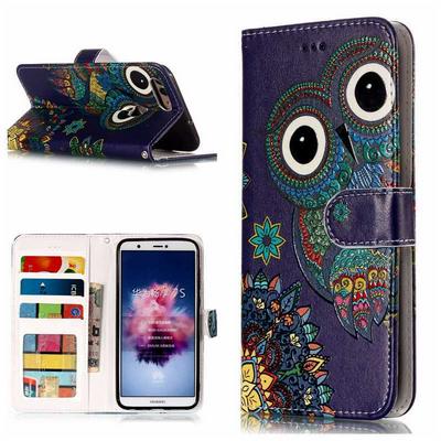 Varnish Relief Pattern Shockproof PU Leather + Soft TPU Card Slots with Picture Frame Magnetic Buckle and Stand Wallet Protective Case for Huawei P Smart / Enjoy 7S - Owl