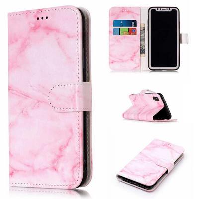 Color Painting Side Flip Card Slots with Magnetic Buckle and Stand PU Leather + Soft TPU Wallet Case for iPhone X - Pink Marble Pattern