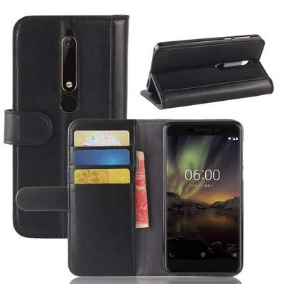 Side Flip Wallet Style Genuine Leather + Soft TPU Card Slots with Stand and Magnetic Buckle Case for Nokia 6 2018 - Black