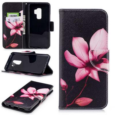 Colored Painting Card Holder Slots Wallet Style with Magnetic Buckle PU Leather + Soft TPU Case for Samsung Galaxy S9 Plus - Lotus