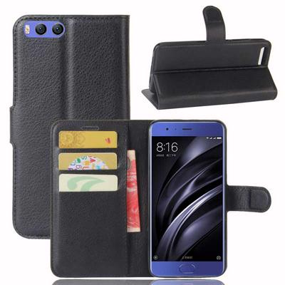 Lichee Pattern Side Flip PU Leather + Soft TPU Card Holder with Stand and Magnetic Buckle Case for Xiaimi Mi 6 - Black