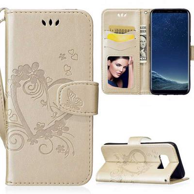 Heart Pattern Wrist Strap Wallet Style Card Holder Magnetic Buckle TPU + PU Leather Case for Samsung Galaxy S8 / G9500 - Gold